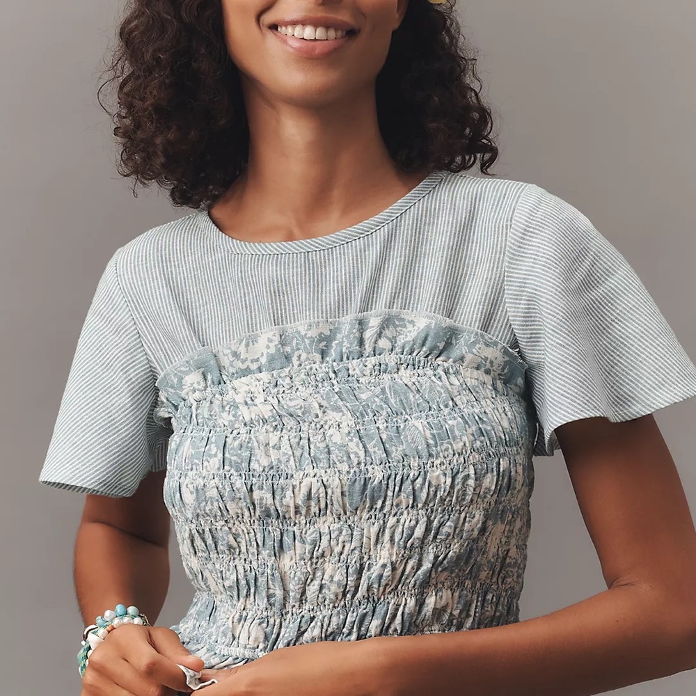 By Anthropologie Short-Sleeve Smocked Linen Twofer Top